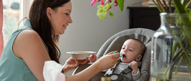 Mulher com um prato na mão alimetando um bebê no carrinho de bebê